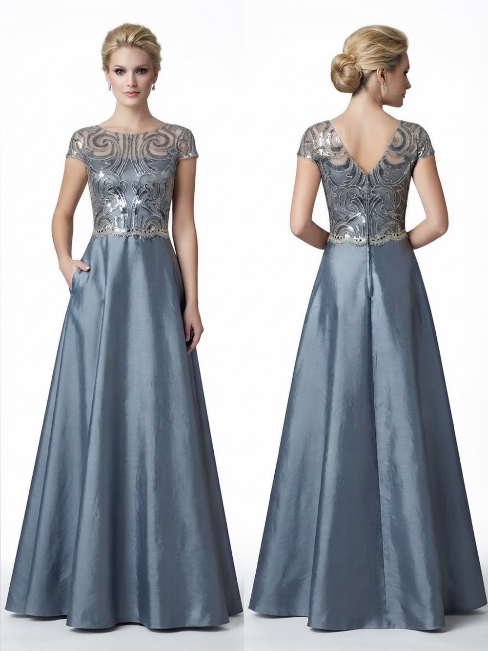 SALE💥NWT A-line FloorLenght Ball Gown Beading Sequins Gray Prom Dress w/Pockets